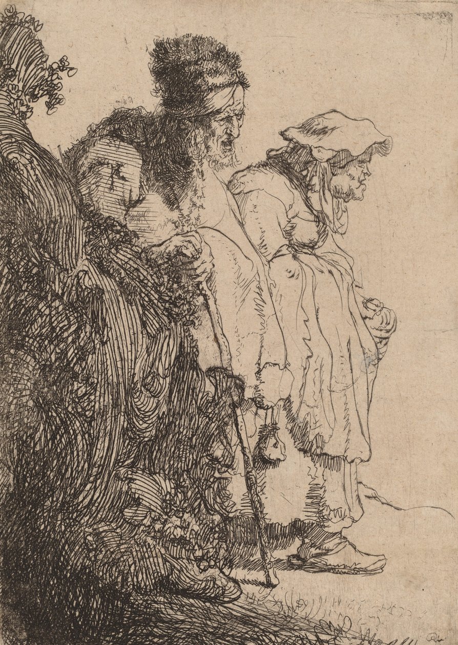 Mendiant homme et femme derrière une banque, vers 1630 - Rembrandt van Rijn