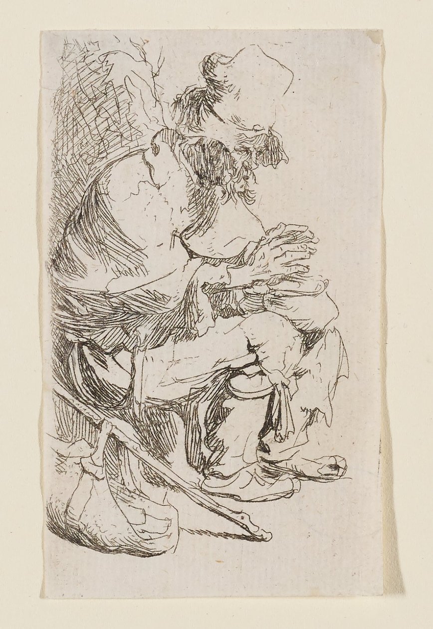 Mendiant assis se réchauffant les mains à un réchaud - Rembrandt van Rijn