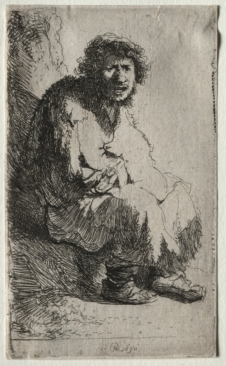 Mendiant assis sur une berge - Rembrandt van Rijn