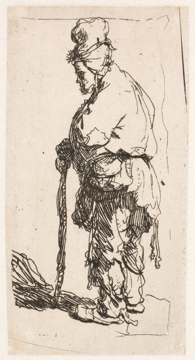 Mendiant appuyé sur un bâton, tourné vers la gauche - Rembrandt van Rijn