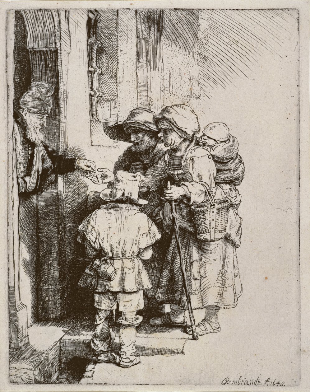Mendiants recevant des aumônes à la porte d