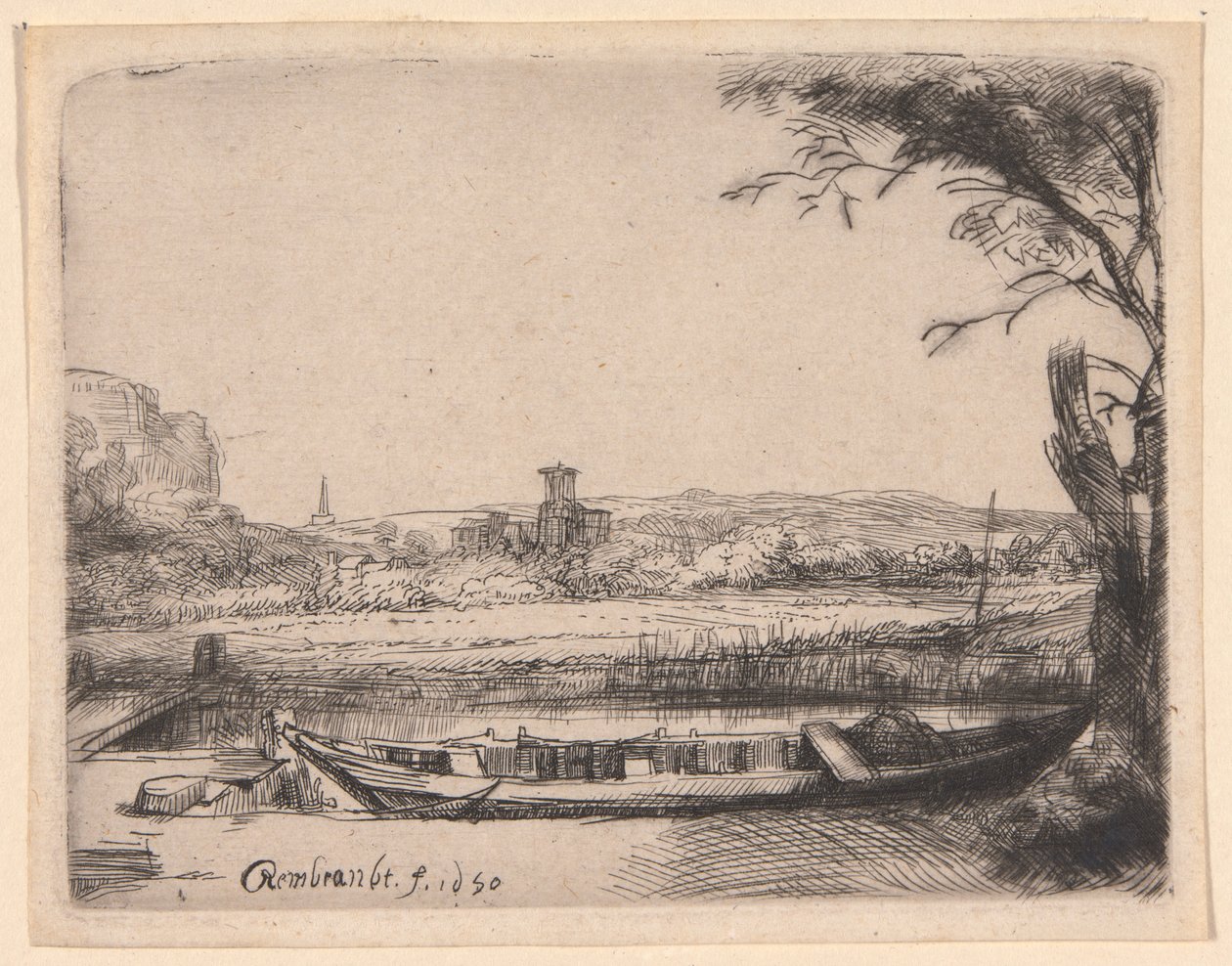 Canal avec un grand bateau et un pont - Rembrandt van Rijn