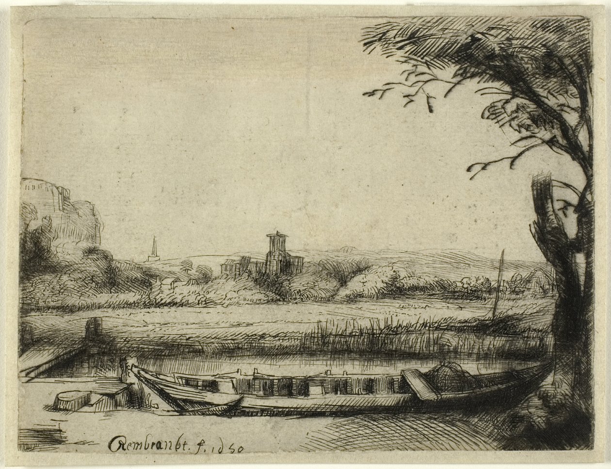 Canal avec un Grand Bateau et un Pont - Rembrandt van Rijn