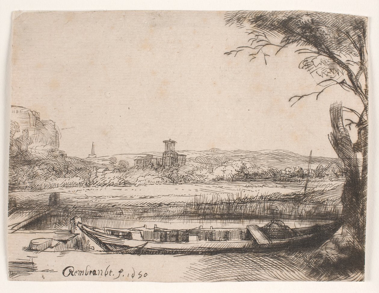 Canal avec un grand bateau et un pont - Rembrandt van Rijn