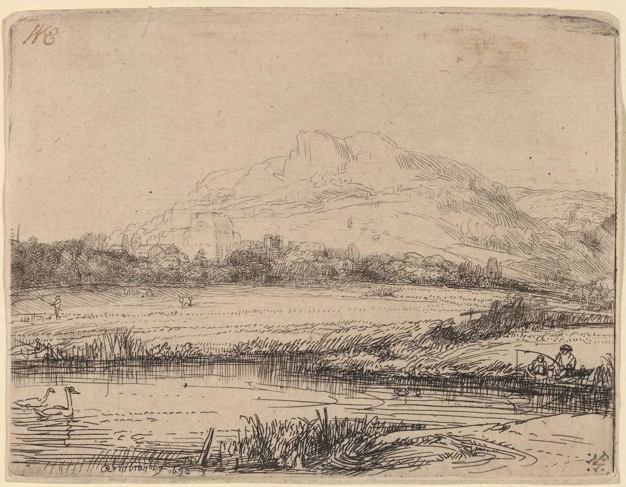Canal avec un pêcheur et deux cygnes - Rembrandt van Rijn