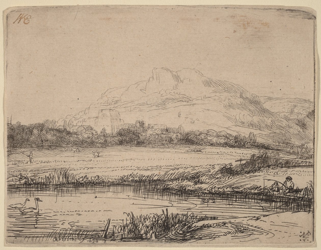 Canal avec un pêcheur et deux cygnes - Rembrandt van Rijn