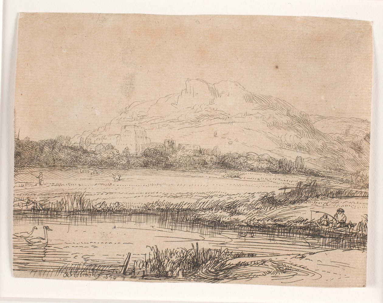 Canal avec un pêcheur et deux cygnes - Rembrandt van Rijn