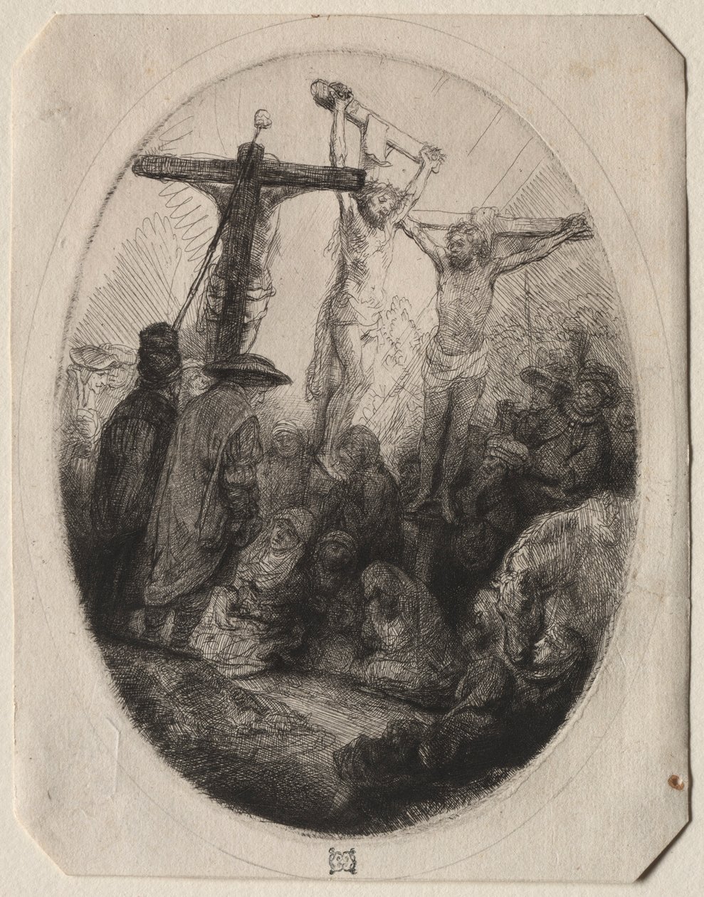 Christ crucifié entre deux voleurs : une plaque ovale - Rembrandt van Rijn