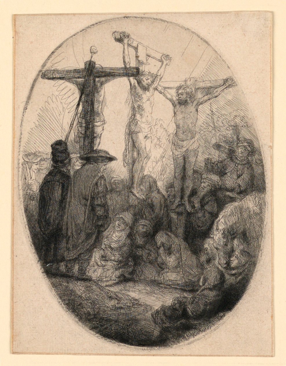 Christ crucifié entre les deux voleurs : une plaque ovale - Rembrandt van Rijn