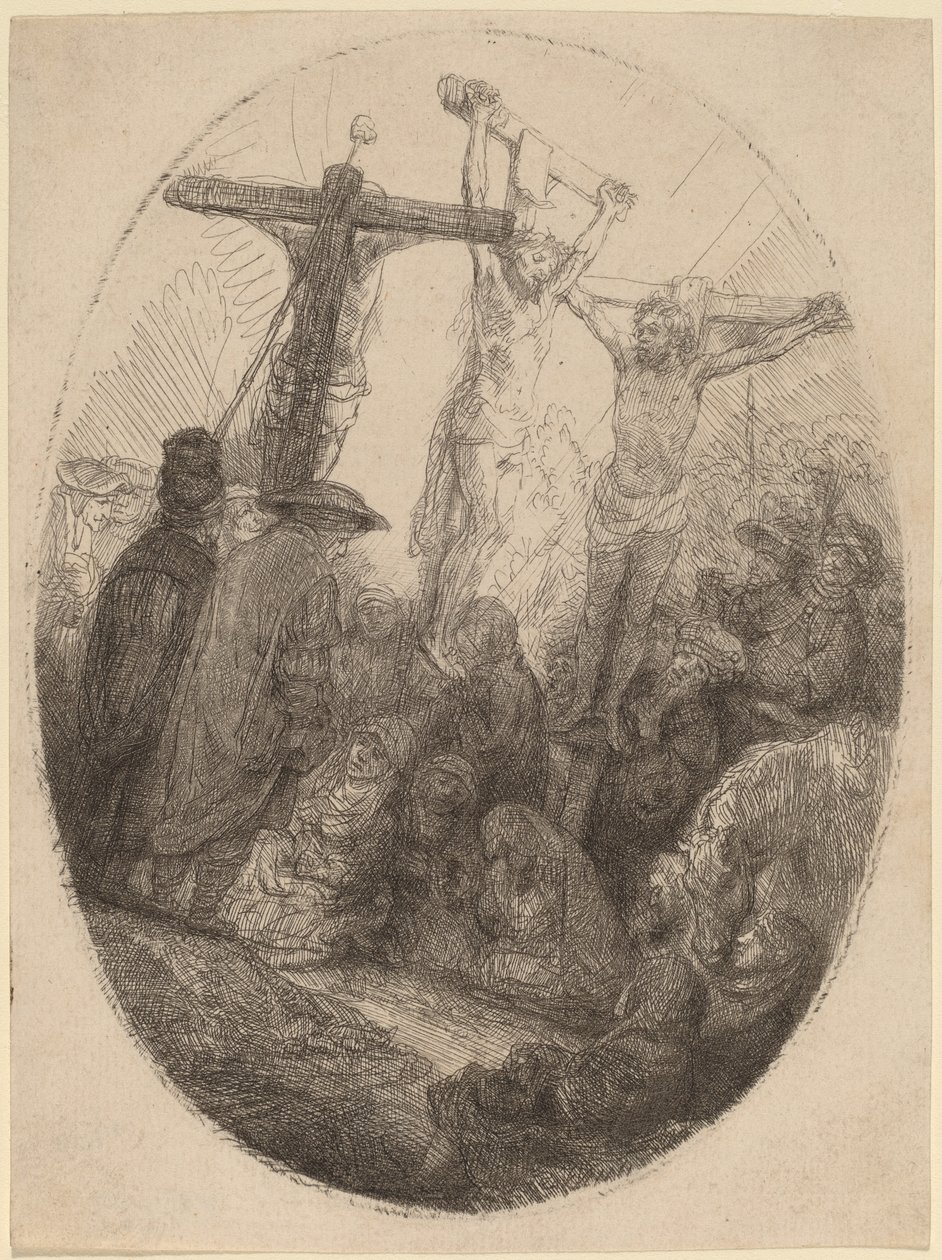 Christ crucifié entre les deux voleurs : une plaque ovale - Rembrandt van Rijn