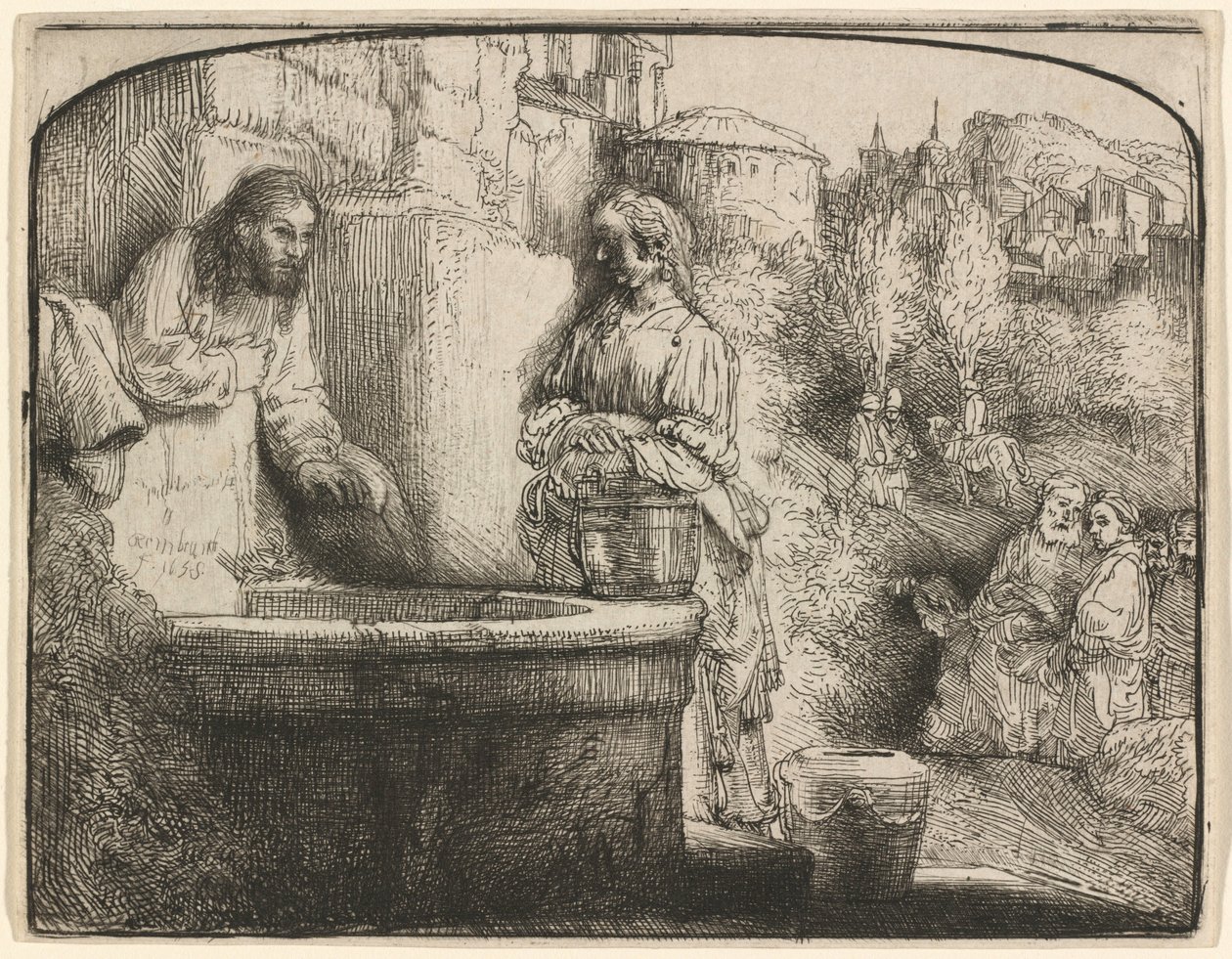 Le Christ et la Samaritaine : une estampe en arc - Rembrandt van Rijn