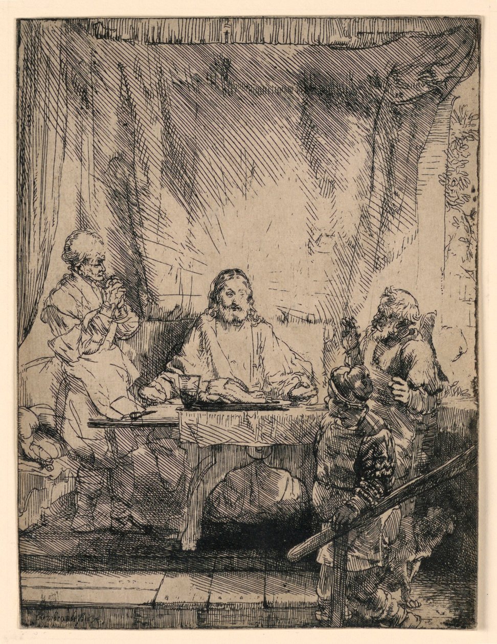 Christ à Emmaüs : La grande plaque - Rembrandt van Rijn