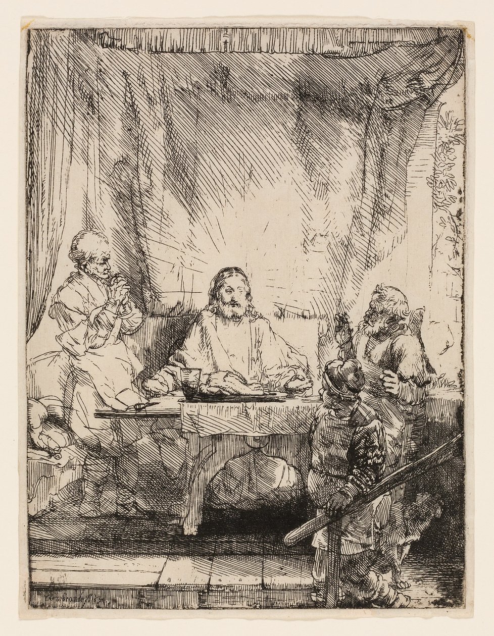 Le Christ à Emmaüs : La grande plaque - Rembrandt van Rijn