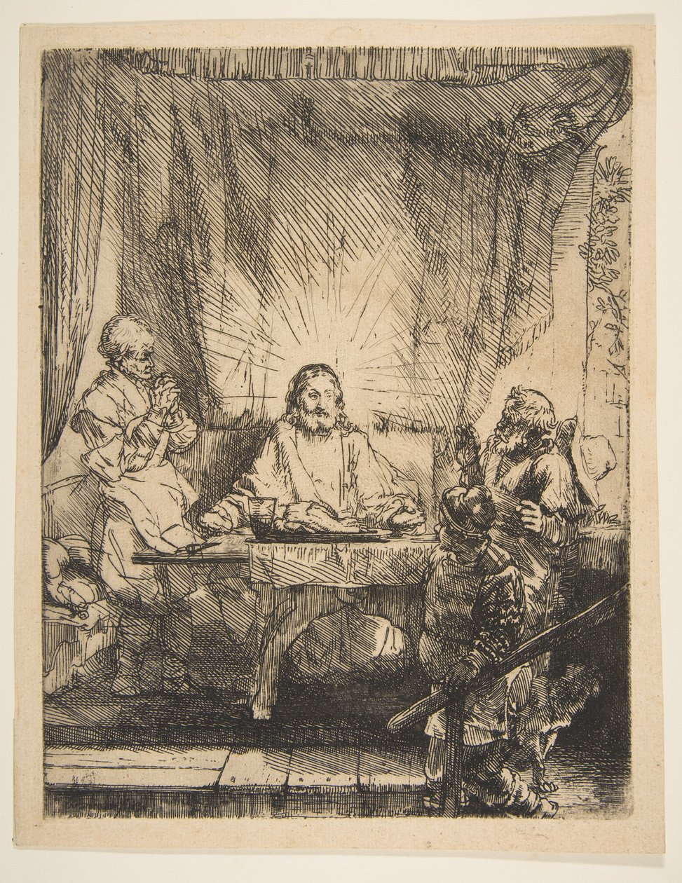 Le Christ à Emmaüs : La Grande Planche - Rembrandt van Rijn