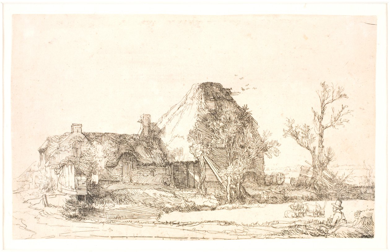 Cottage et bâtiments de ferme avec un homme dessinant - Rembrandt van Rijn
