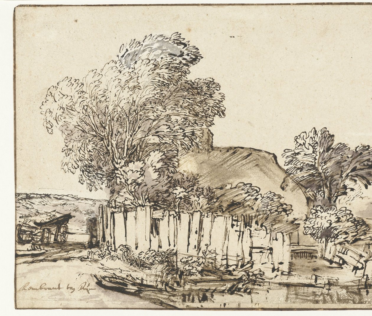 Cottage avec palissade blanche parmi les arbres - Rembrandt van Rijn
