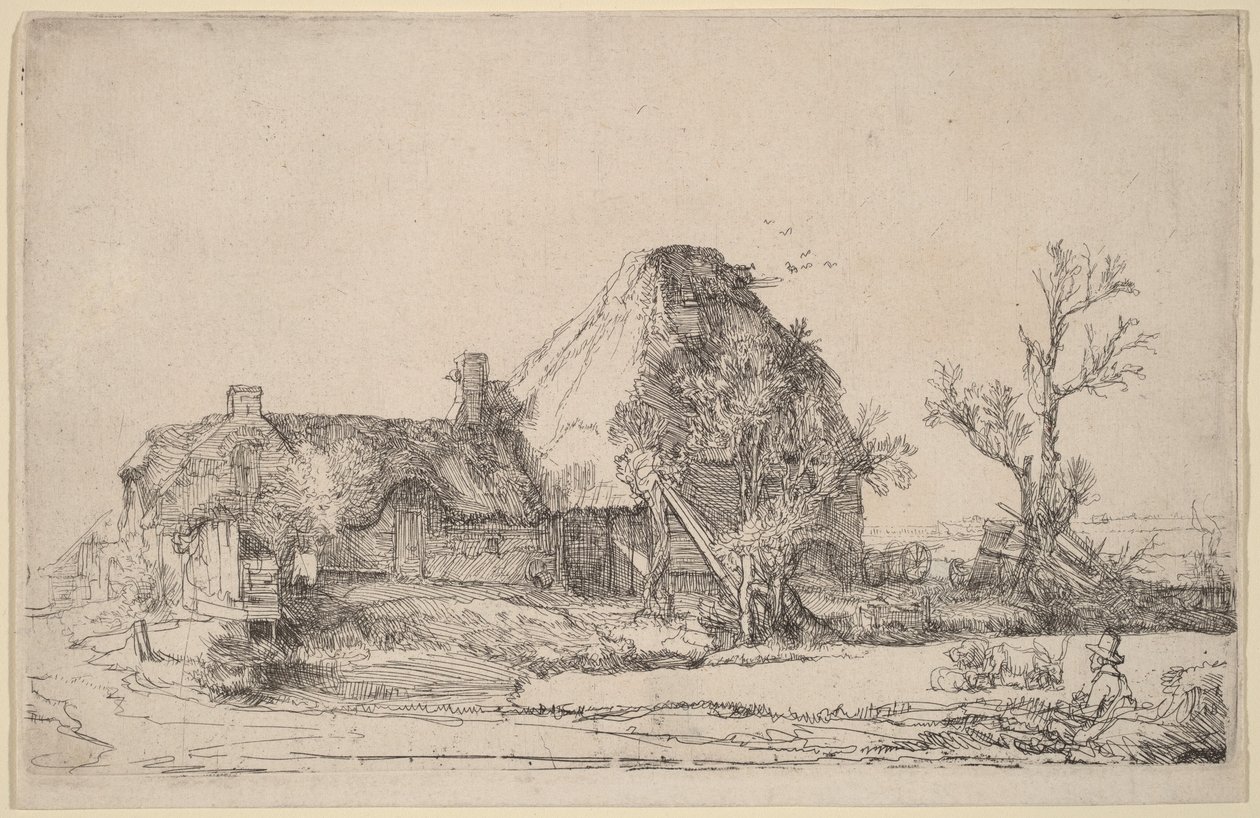 Maisons de campagne et bâtiments agricoles avec un homme en train de dessiner - Rembrandt van Rijn