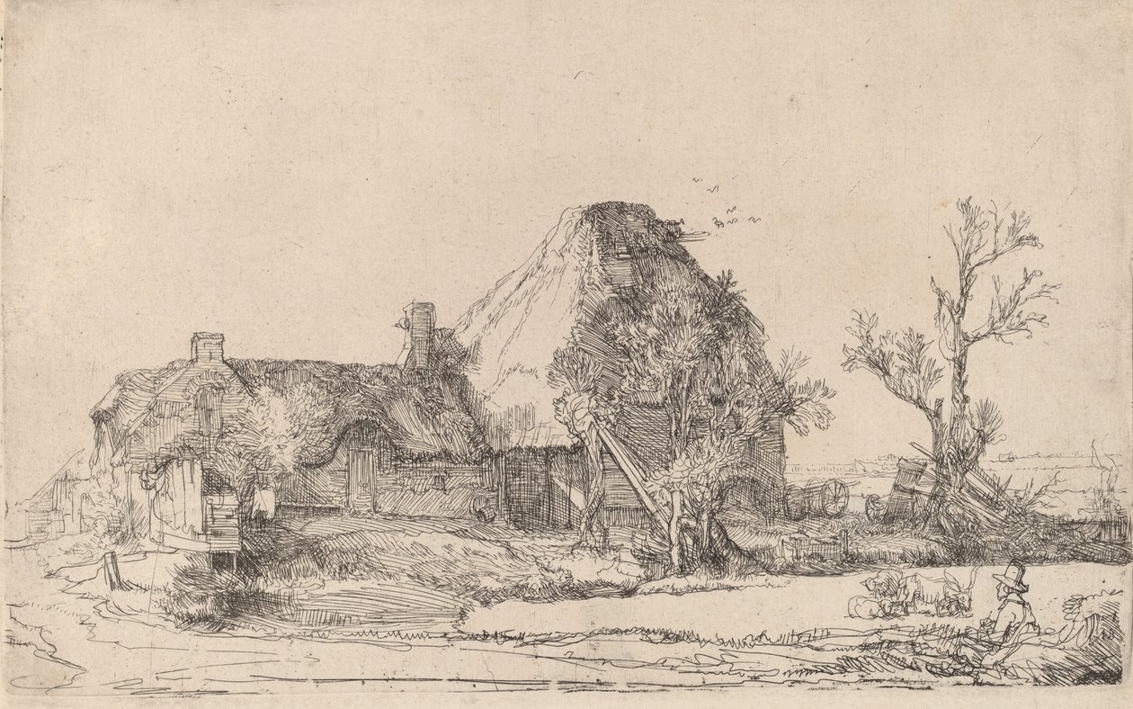 Cottages et bâtiments de ferme avec un homme dessinant, vers 1645 - Rembrandt van Rijn