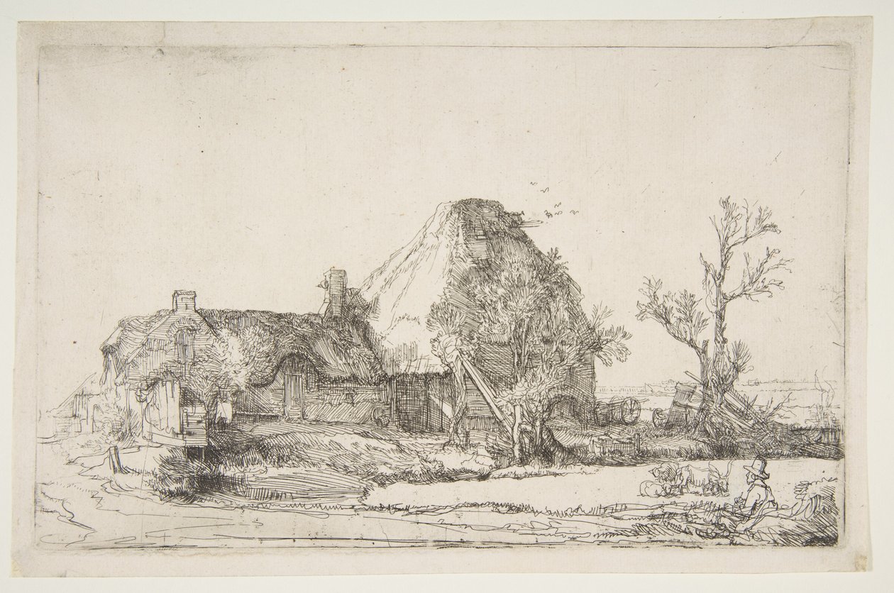 Cottages et bâtiments de ferme avec un homme dessinant, vers 1645 - Rembrandt van Rijn