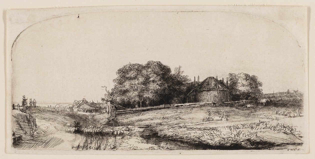 Cottages et une Grange à Foin sur le Diemerdijk avec un Troupeau de Moutons - Rembrandt van Rijn