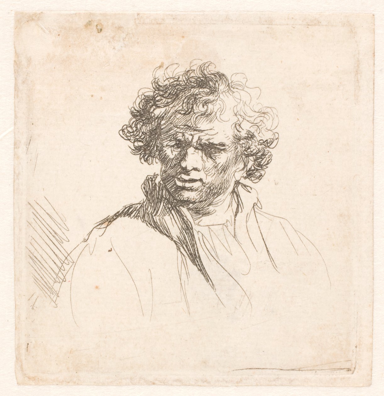 Homme aux cheveux bouclés avec une bouche tordue - Rembrandt van Rijn