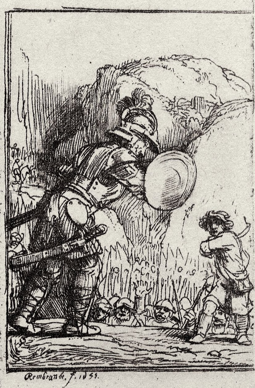 David et Goliath. Illustration pour Piedra gloriosa par Menasseh ben Israel - Rembrandt van Rijn