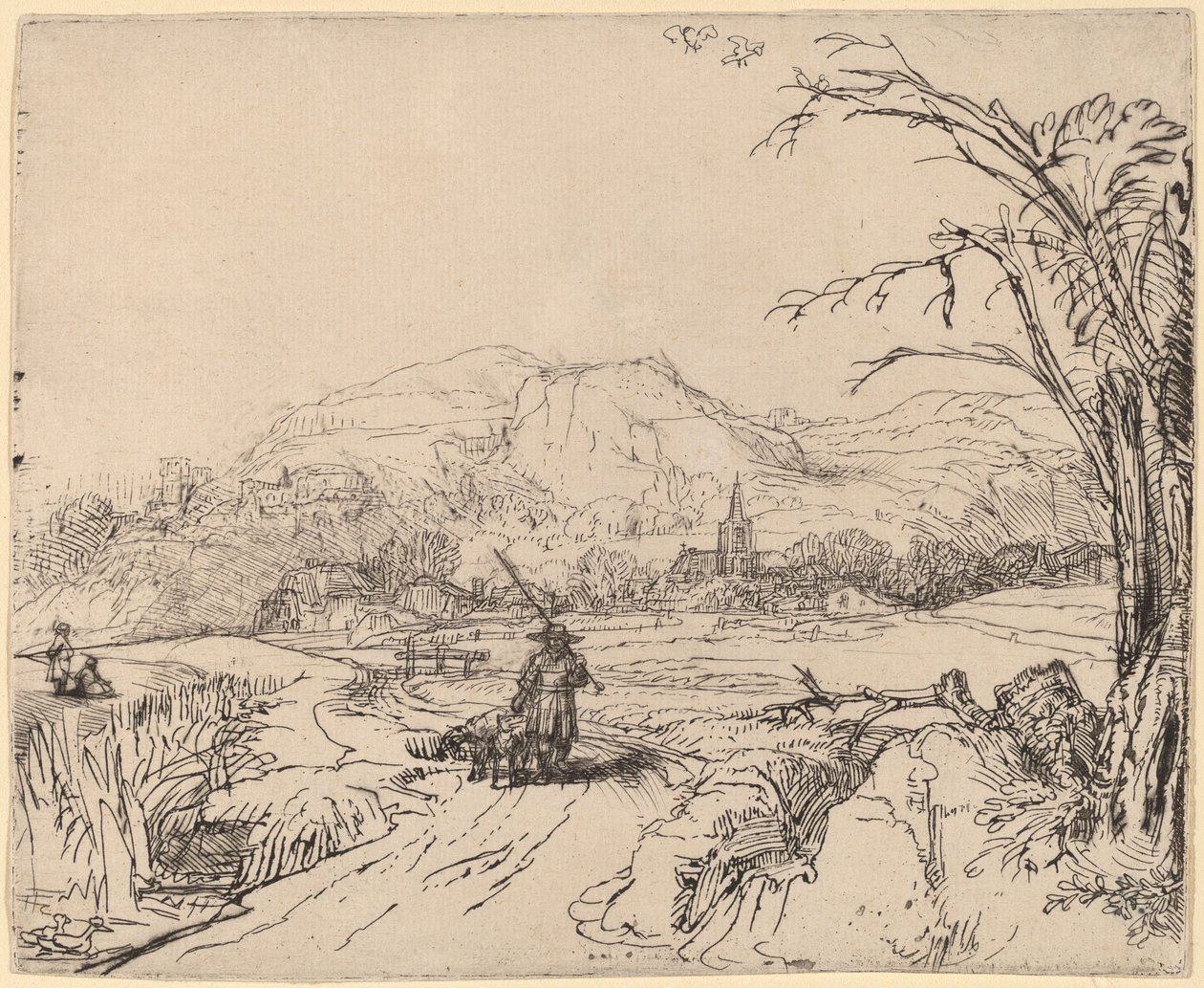 Paysage avec chasseur et chien - Rembrandt van Rijn