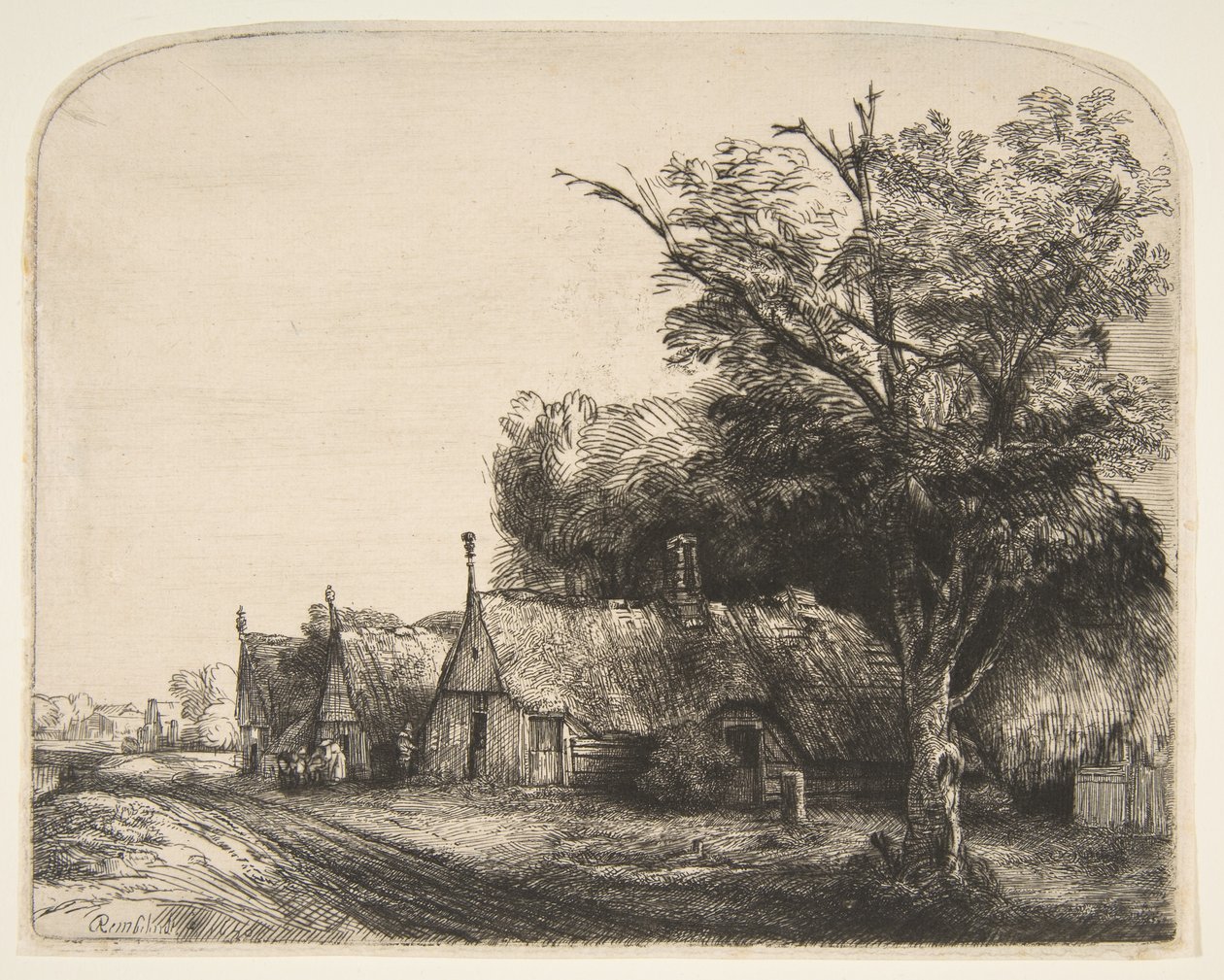 Paysage avec trois cottages à pignon le long d
