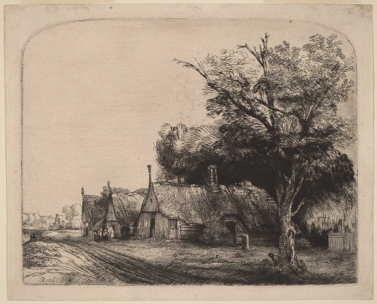 Paysage avec trois chaumières à pignon au bord d