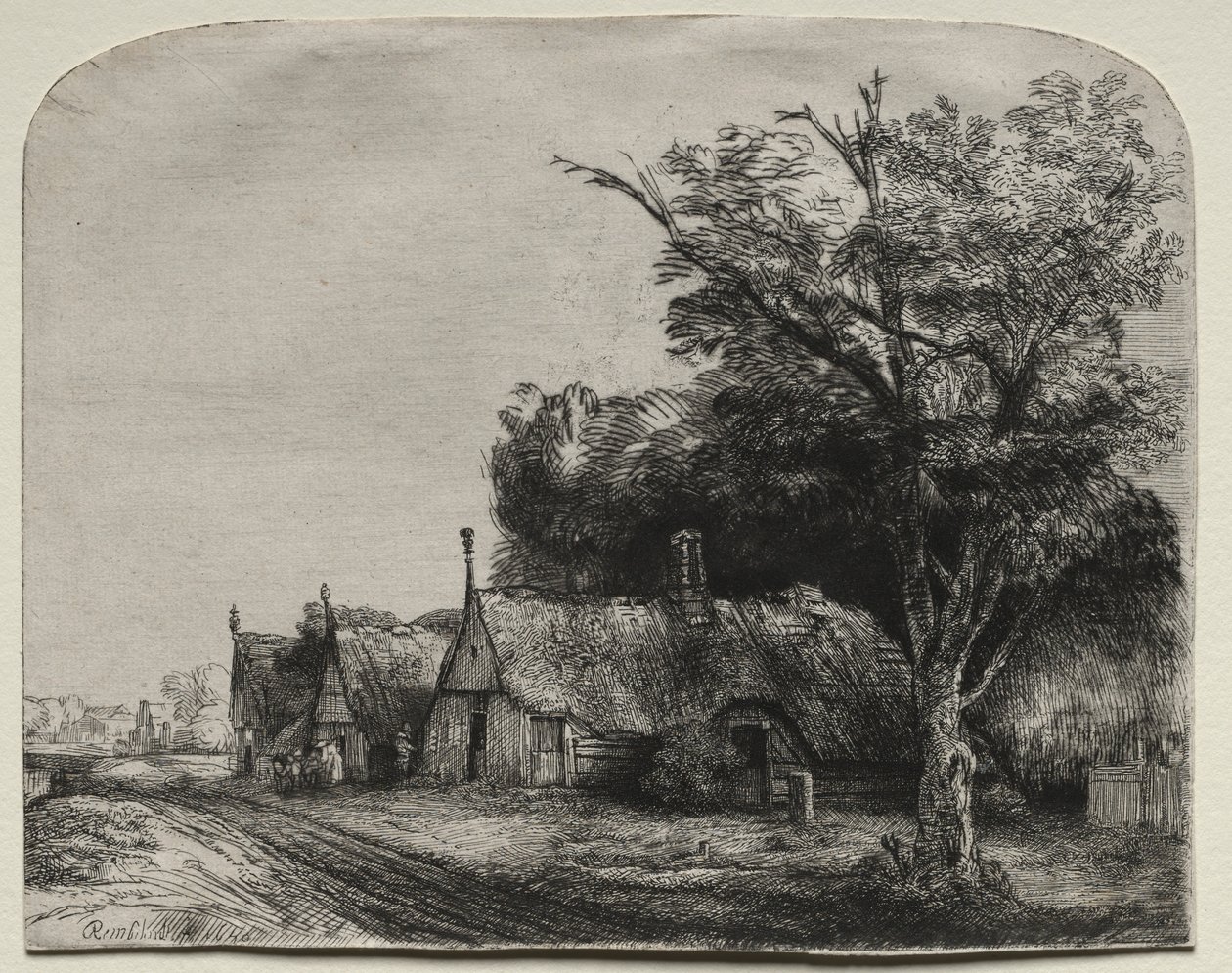 Paysage avec trois cottages à pignon près d