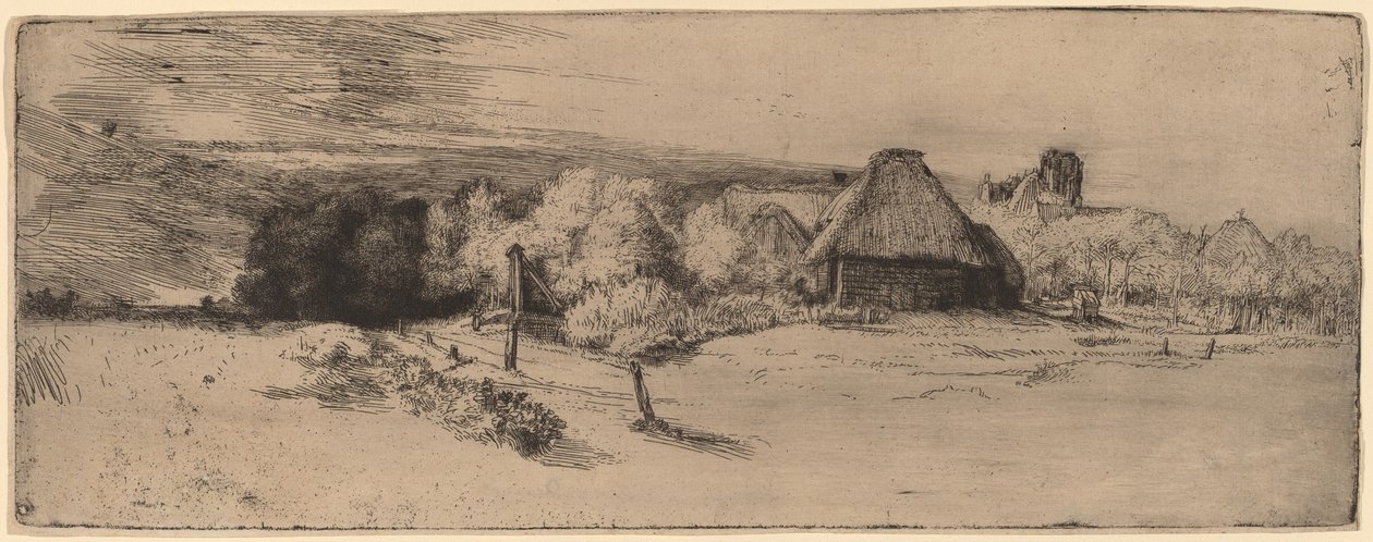 Paysage avec arbres, bâtiments de ferme et une tour - Rembrandt van Rijn