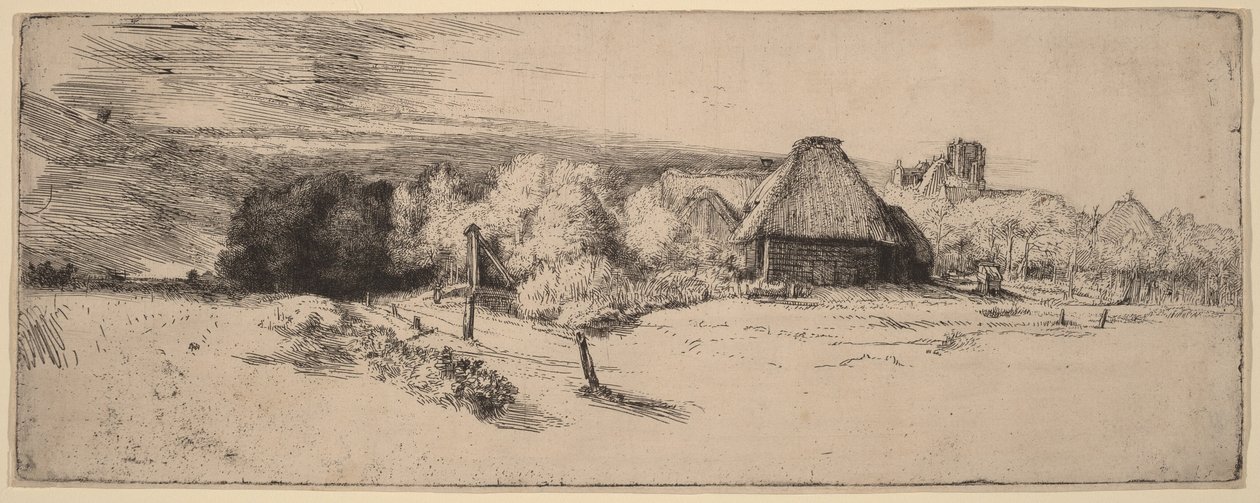 Paysage avec des arbres, des bâtiments agricoles et une tour - Rembrandt van Rijn