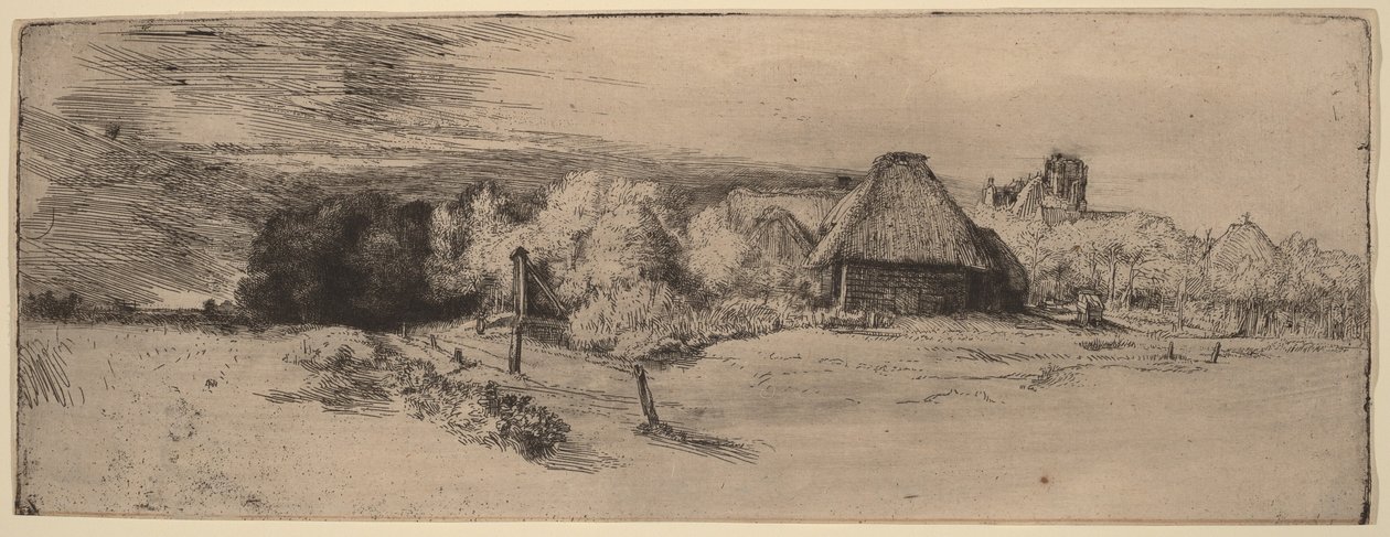 Paysage avec des arbres, des bâtiments agricoles et une tour - Rembrandt van Rijn