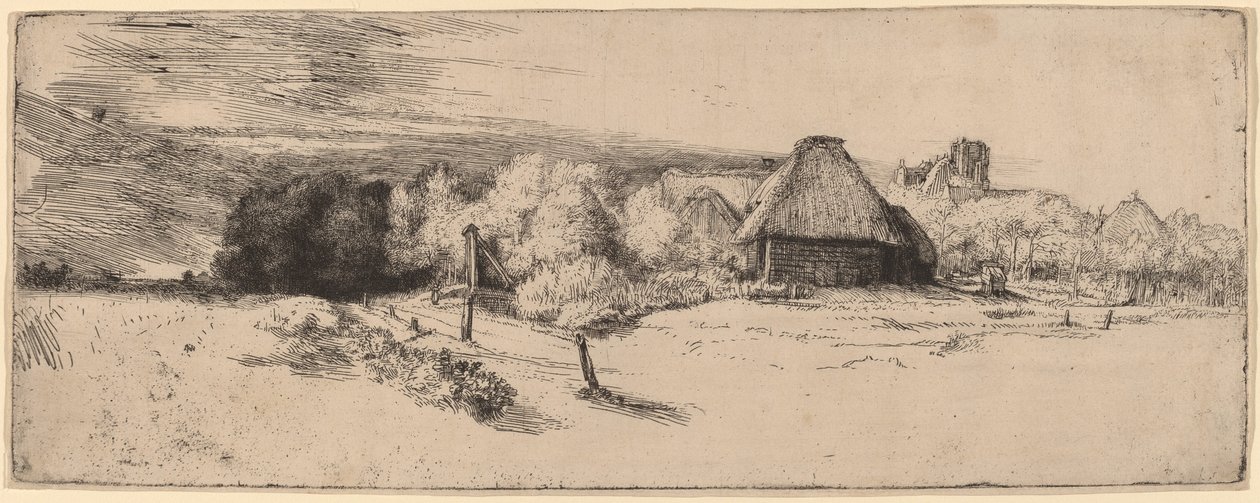 Paysage avec arbres, bâtiments de ferme et une tour - Rembrandt van Rijn