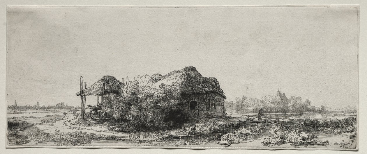 Paysage avec une chaumière et une grange à foin : oblong - Rembrandt van Rijn