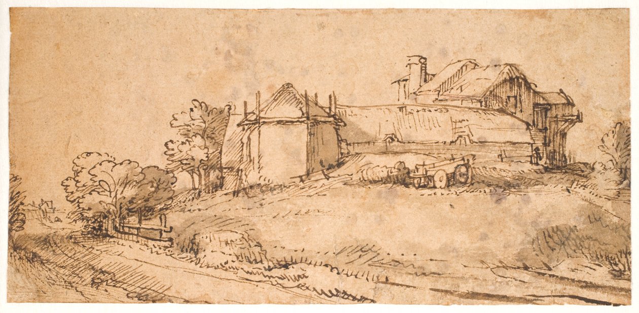 Paysage avec une ferme et une grange à foin - Rembrandt van Rijn