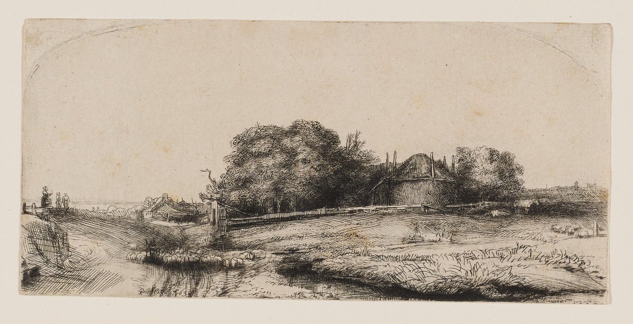 Paysage avec une grange à foin et un troupeau de moutons - Rembrandt van Rijn