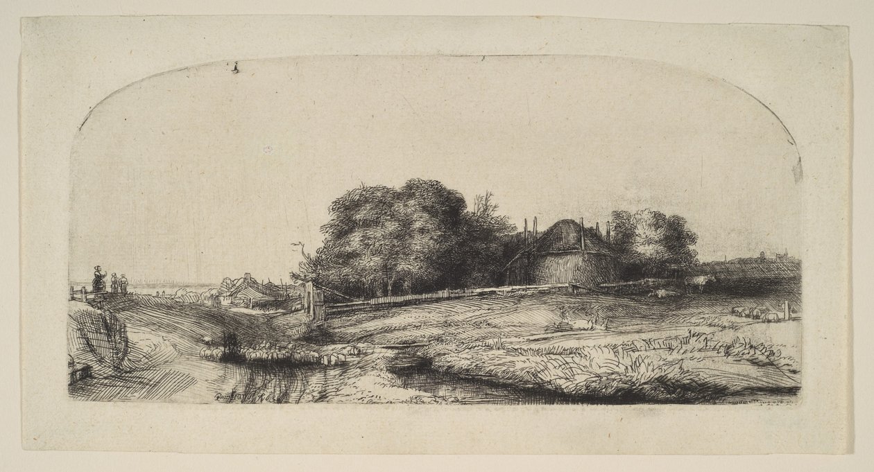 Paysage avec une grange à foin et un troupeau de moutons, 1652 - Rembrandt van Rijn