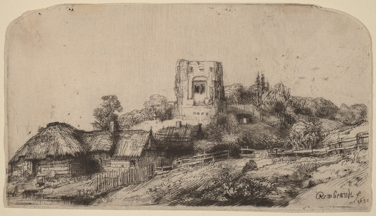 Paysage avec une tour carrée - Rembrandt van Rijn