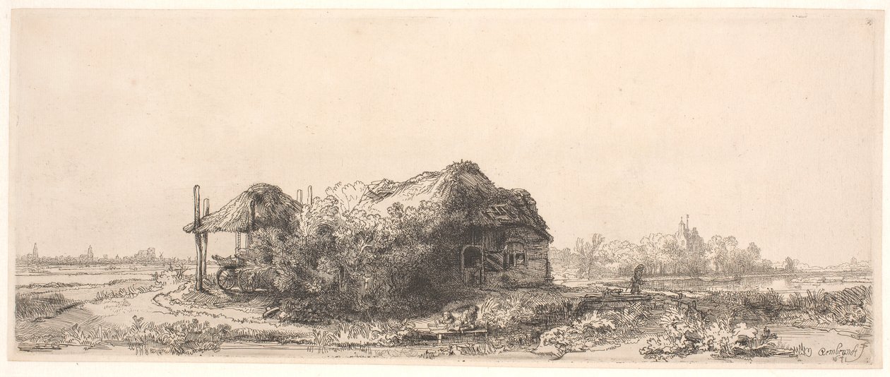 Paysage avec une petite maison et une grange à foin : format oblong - Rembrandt van Rijn