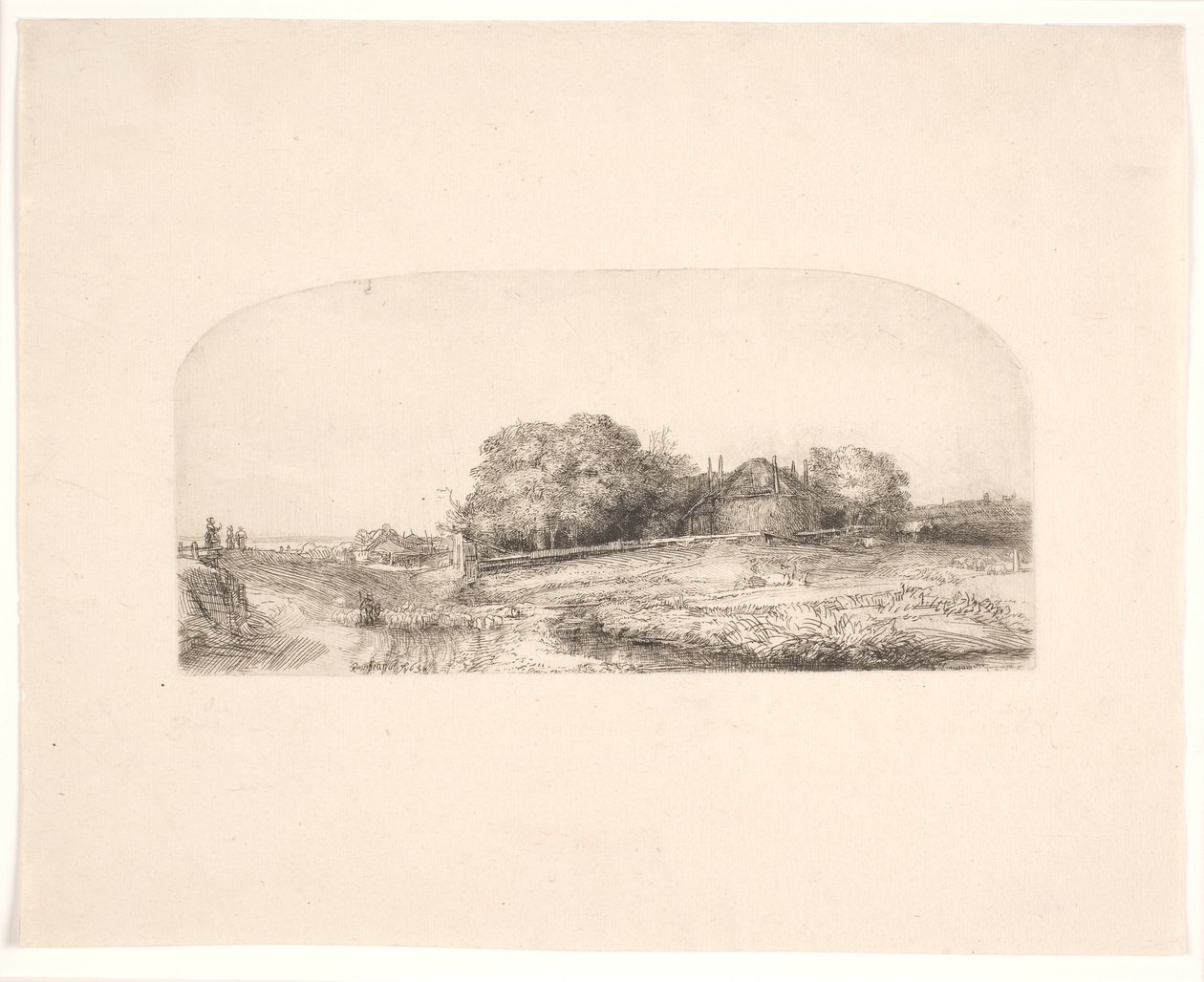 Paysage avec une grange à foin et un troupeau de moutons - Rembrandt van Rijn