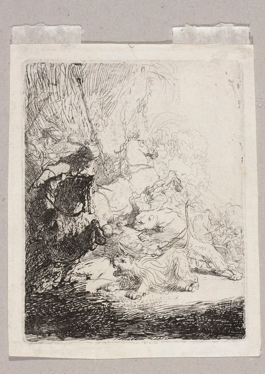 Une petite chasse au lion (avec deux lions) - Rembrandt van Rijn