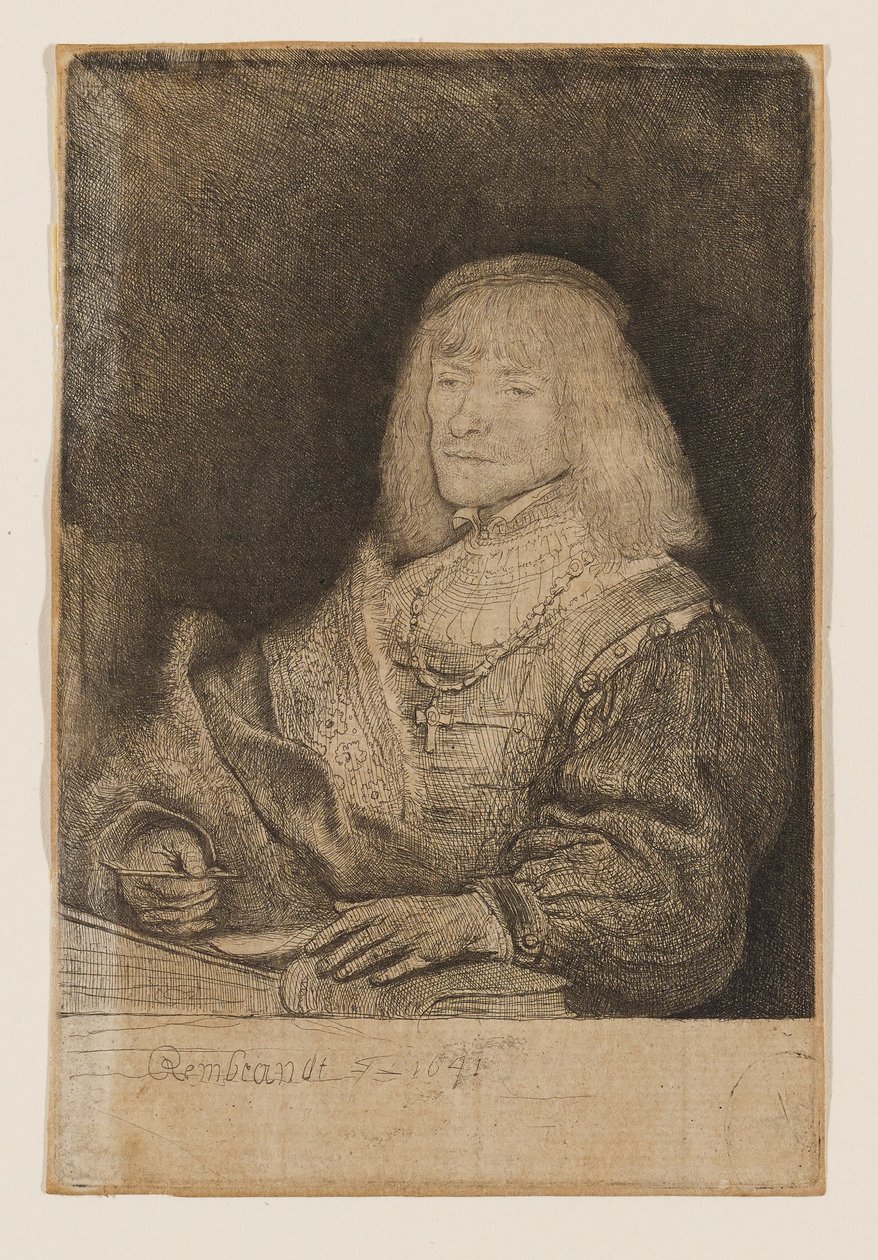 Un homme assis à son bureau, portant une croix et une chaîne - Rembrandt van Rijn