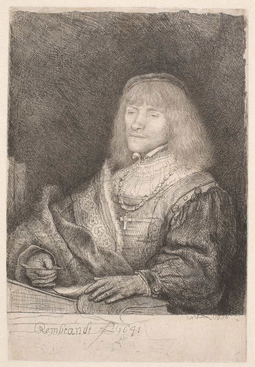 Un homme assis à son bureau, portant une croix et une chaîne - Rembrandt van Rijn