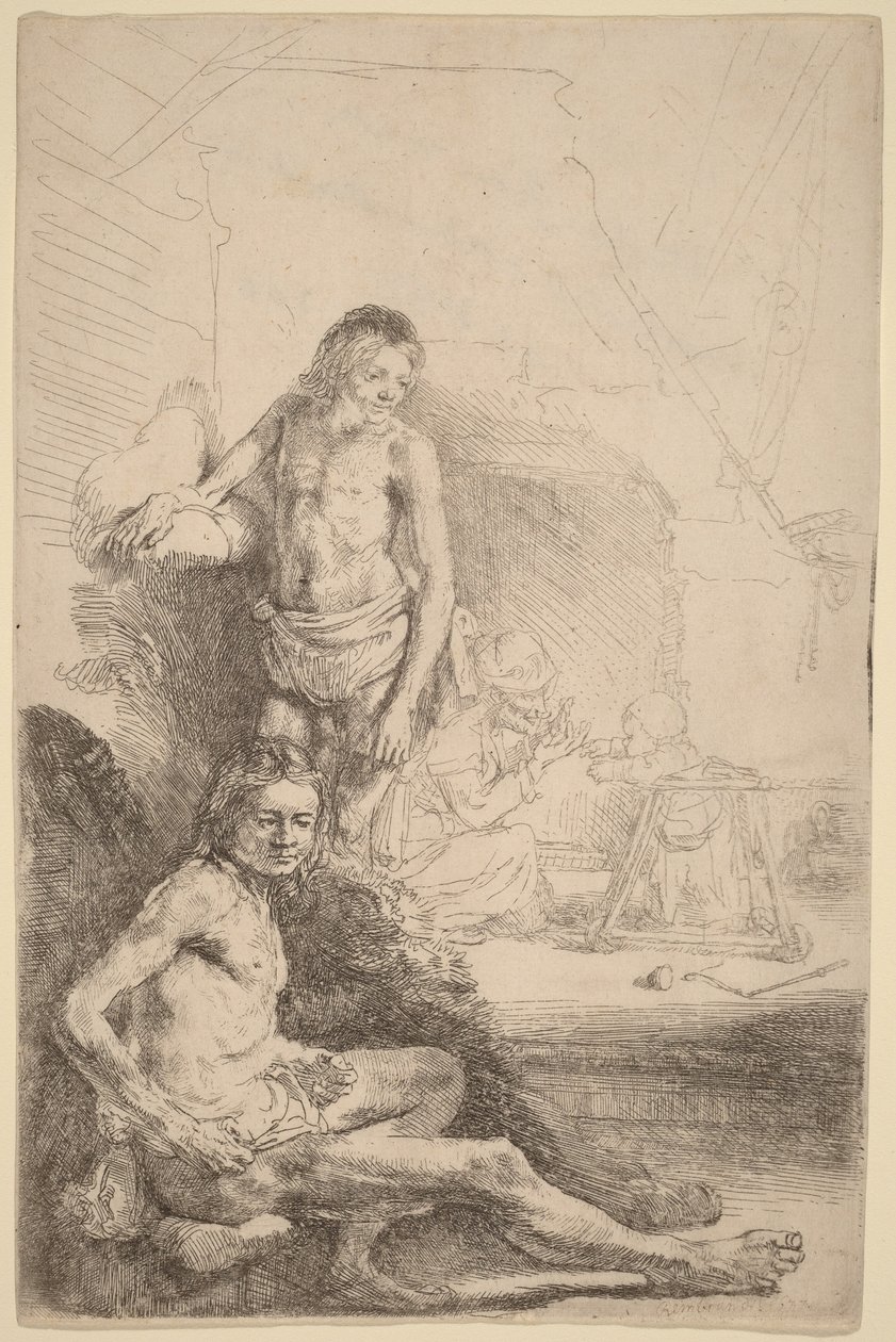 Homme nu assis et homme nu debout, avec une femme et un bébé à l