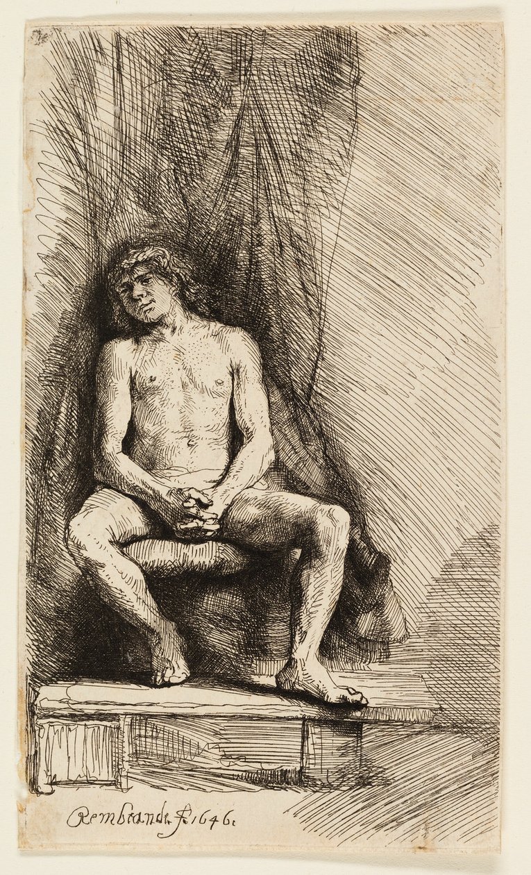 Homme Nu Assis devant un Rideau - Rembrandt van Rijn