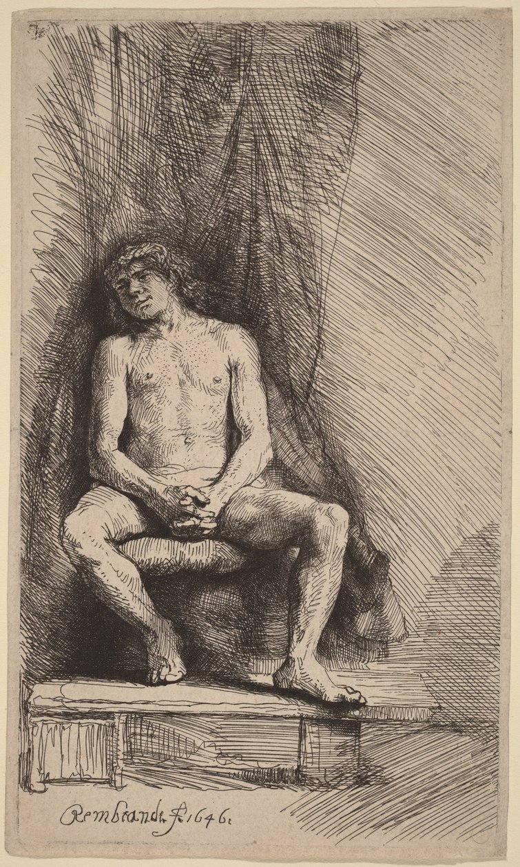 Homme nu assis devant un rideau - Rembrandt van Rijn
