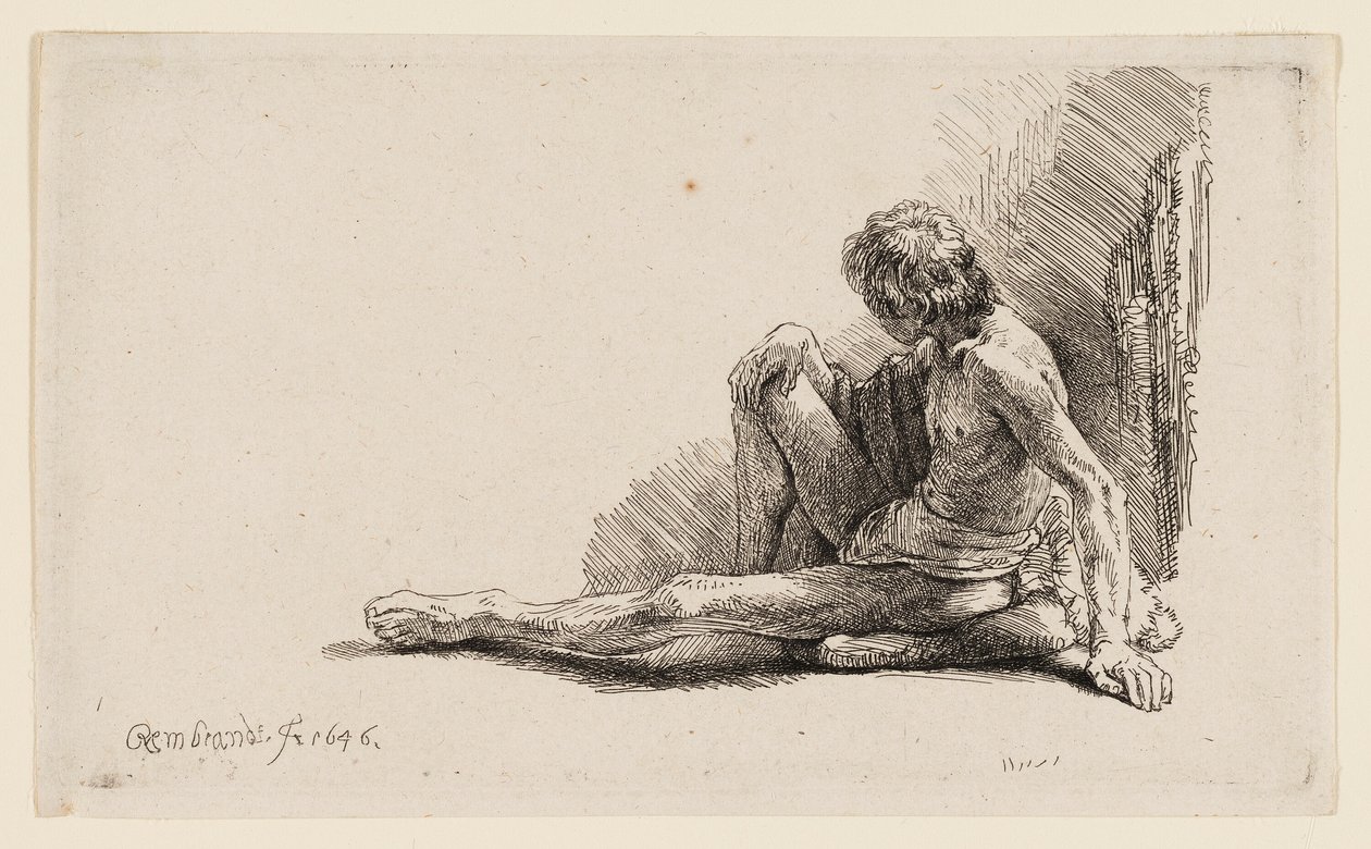 Homme nu assis par terre avec une jambe étendue - Rembrandt van Rijn