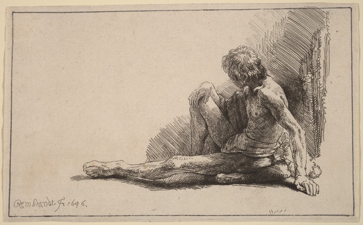 Homme nu assis par terre, une jambe tendue - Rembrandt van Rijn