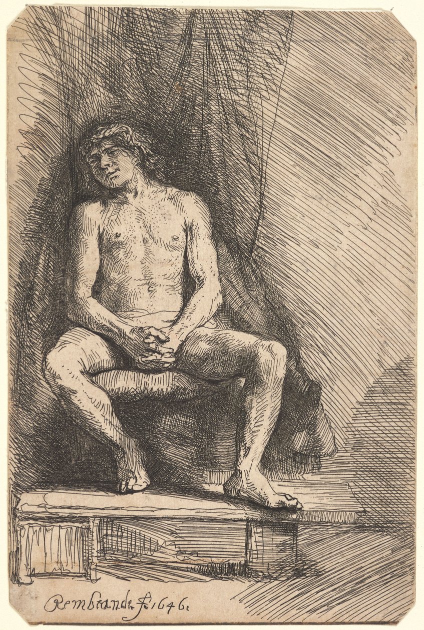 Homme nu assis devant un rideau (BB.46-Bi) - Rembrandt van Rijn